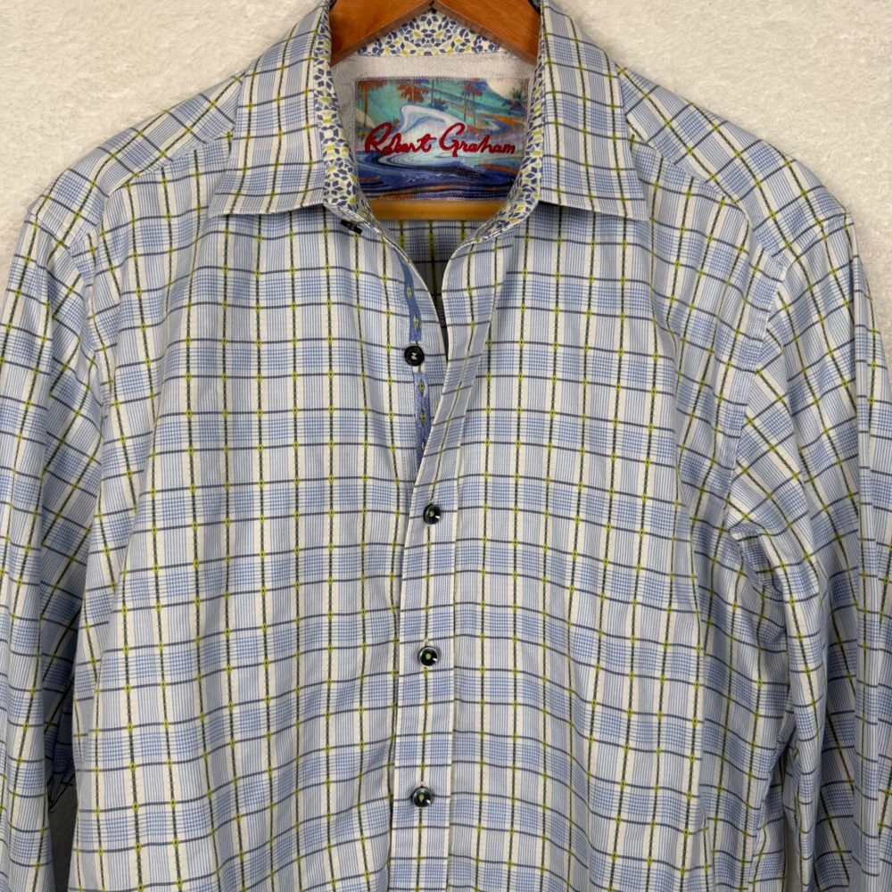 Robert Graham Button Down Shirt Mens L Blue Plaid Knowledge Wisdom Truth L/S